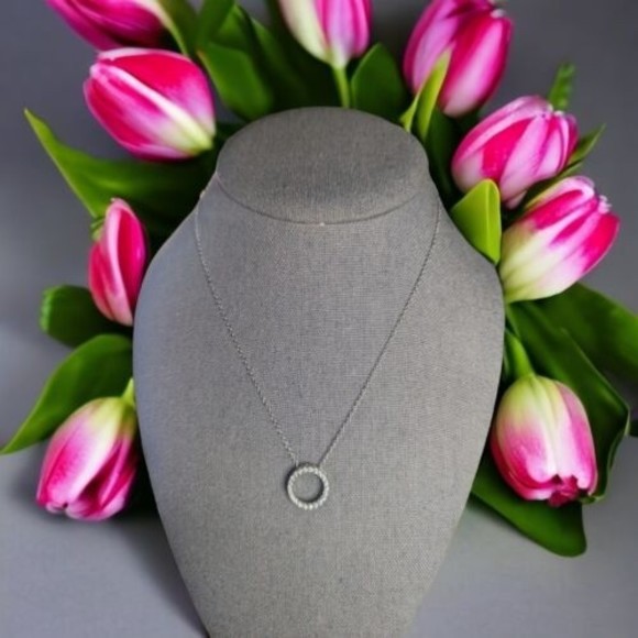 Unbranded Jewelry - 925 Halo CZ Cubic Zirconia Pendant Necklace 16" with 2" ext Open Circle Sterling